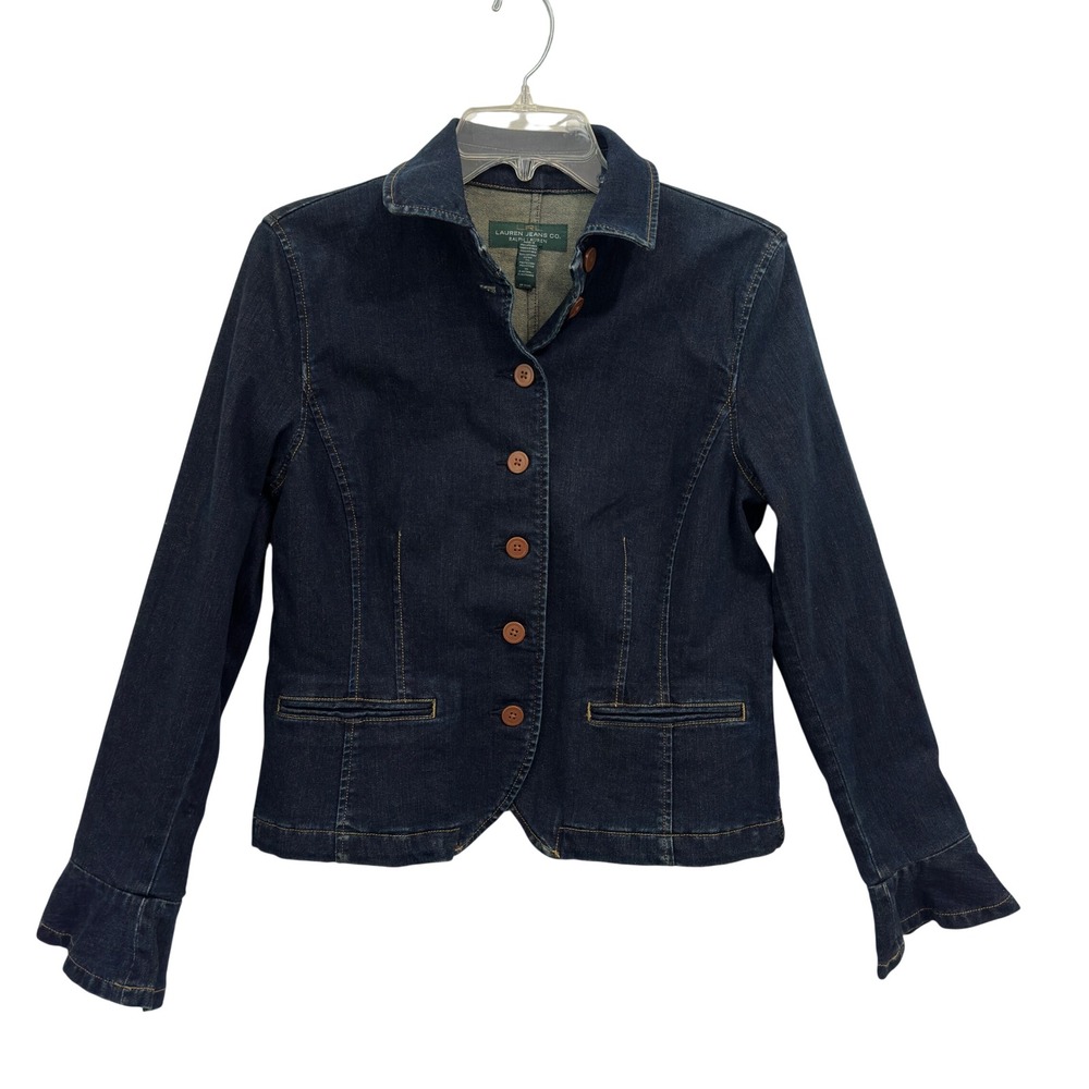 Lauren Jeans Co Ralph Lauren Denim Jacket Dark Wash Ruffle Cuff Peplum Coquette